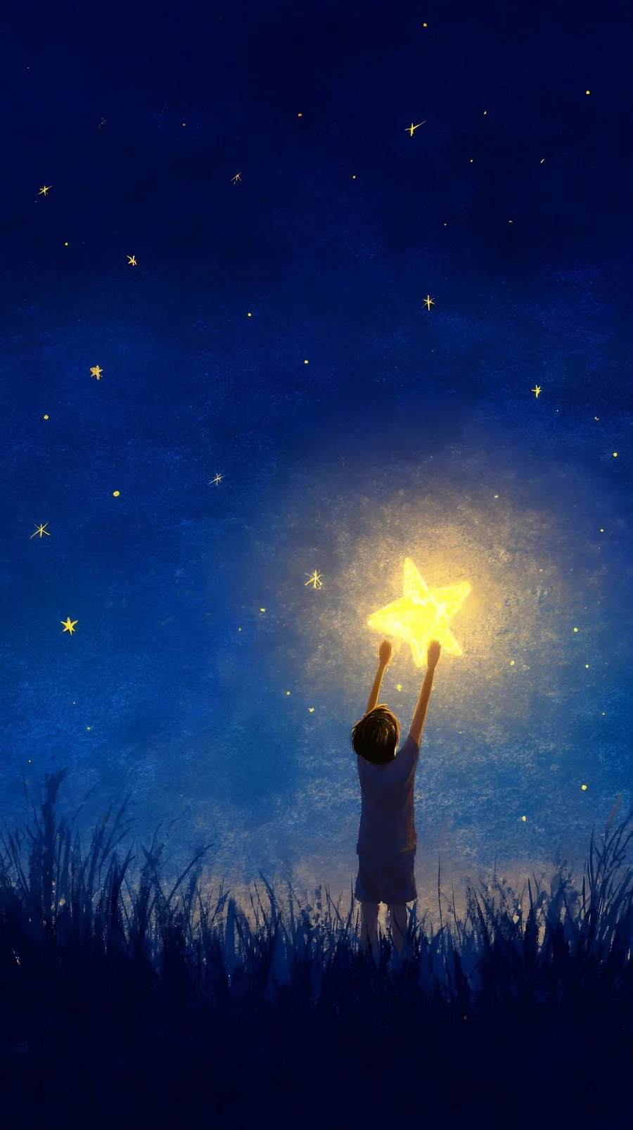 A child reaching up to hold a glowing star in a starry night sky