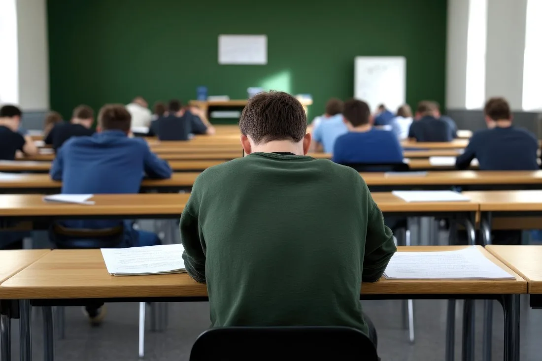 A student focused during an exam in a classroom